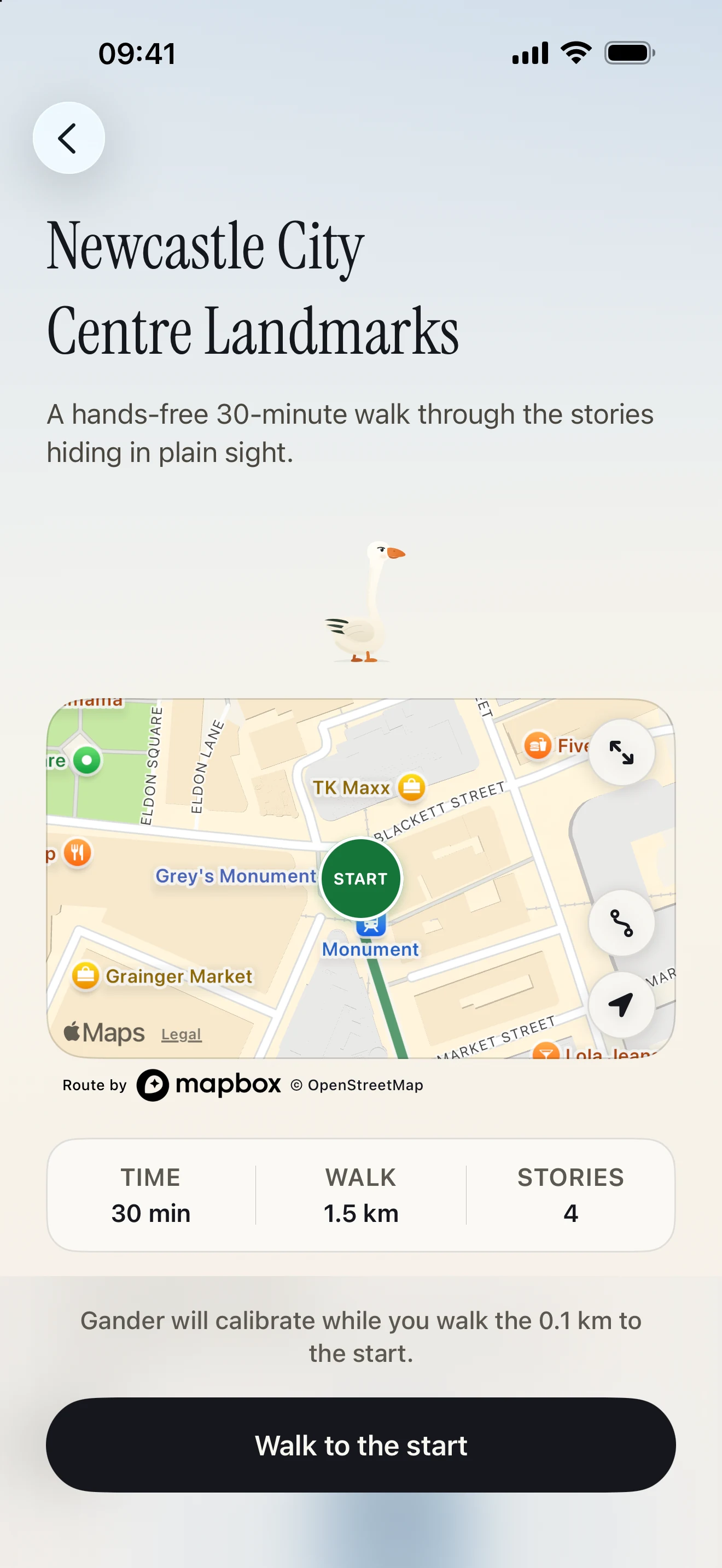 Newcastle City Centre Landmarks guide with route, four stories and walking time