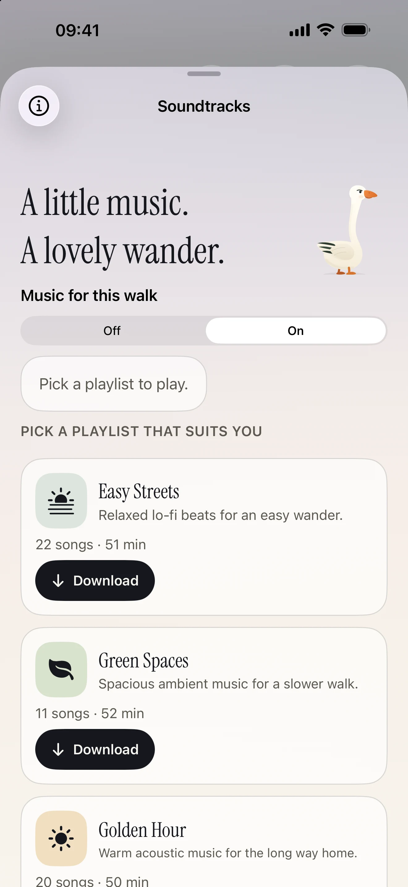 Gander’s Soundtracks screen with downloadable walking playlists