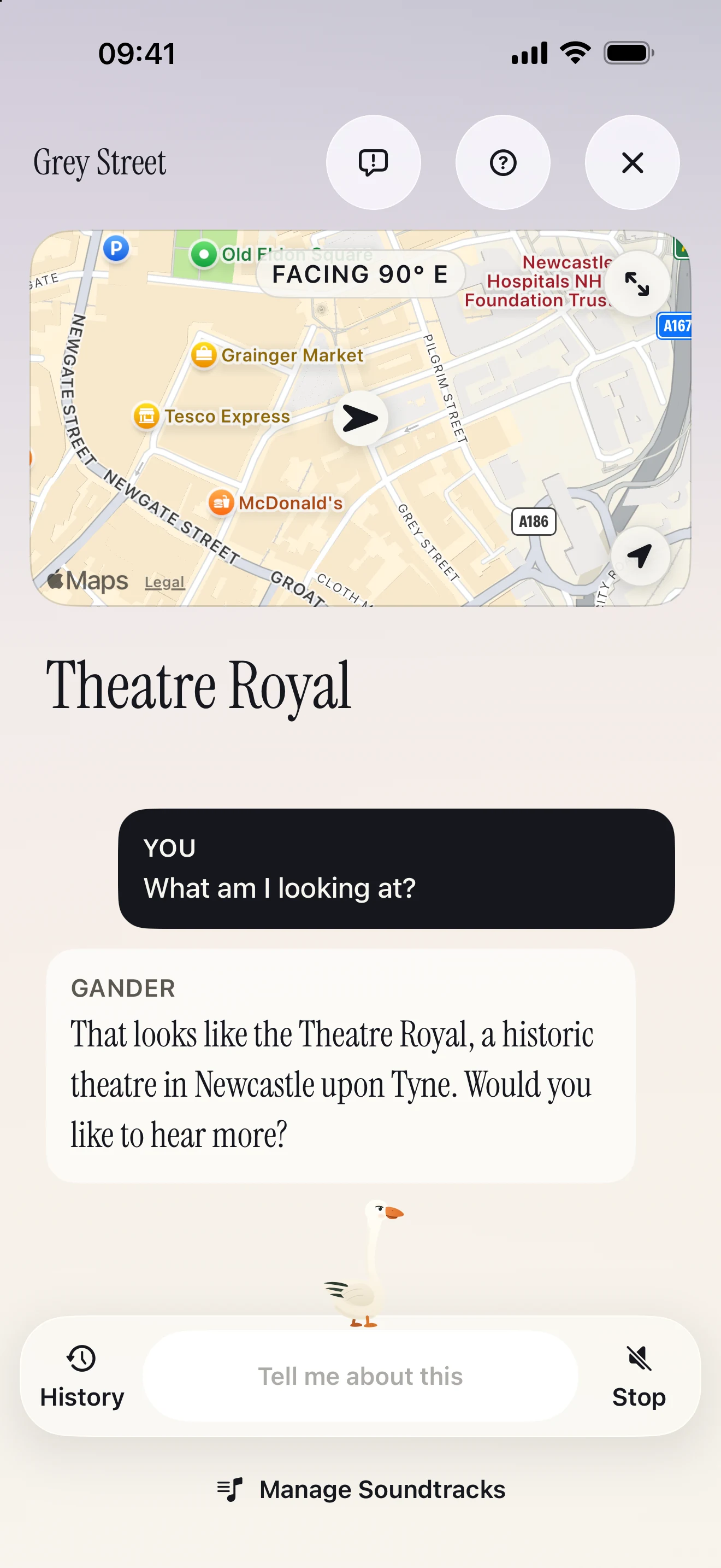 Gander identifying the Theatre Royal during a Free Walk in Newcastle