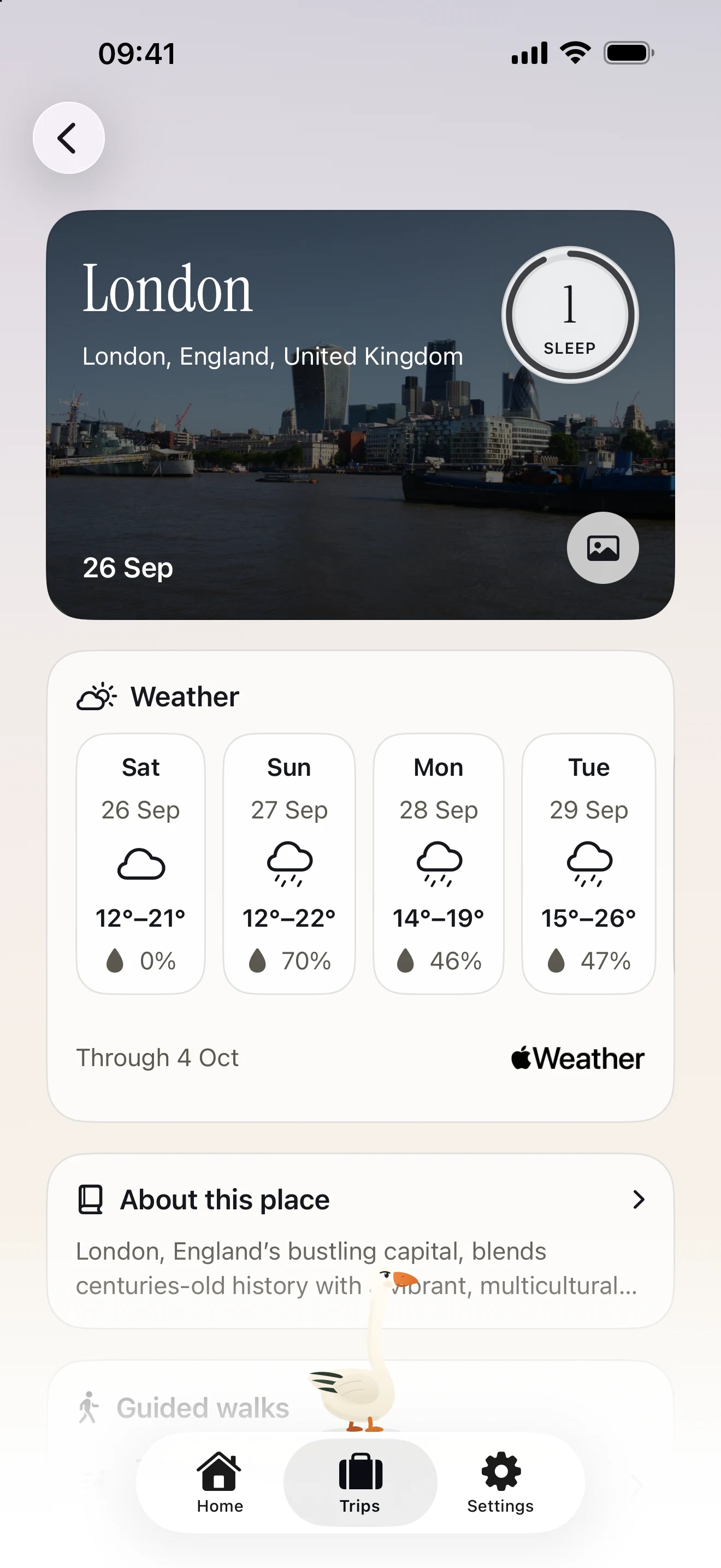 Saved London trip with a weather forecast and nearby walks